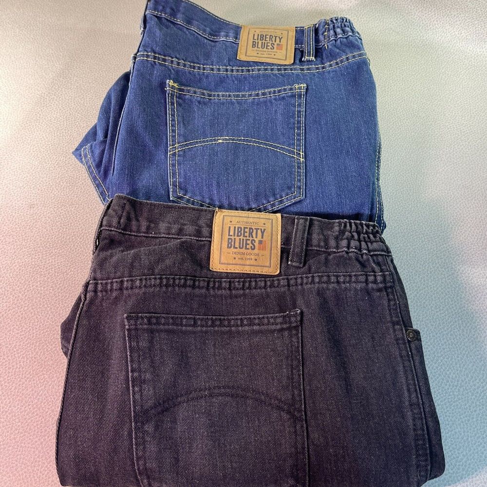 Lot Of 2 Liberty Blues Jeans Co Elastic Sides Men's 44 X 26 Blue & Black Denim